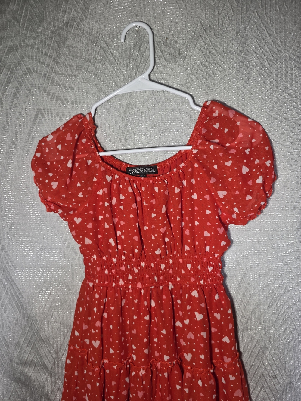 Red Heart-Print Puff Sleeve Girls' Dress by UNKNOWN